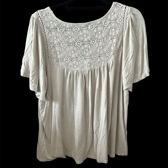Torrid Plus Size 1 Beige Lace Trim Blouse Short Sleeve Casual Top - Picture 2 of 8